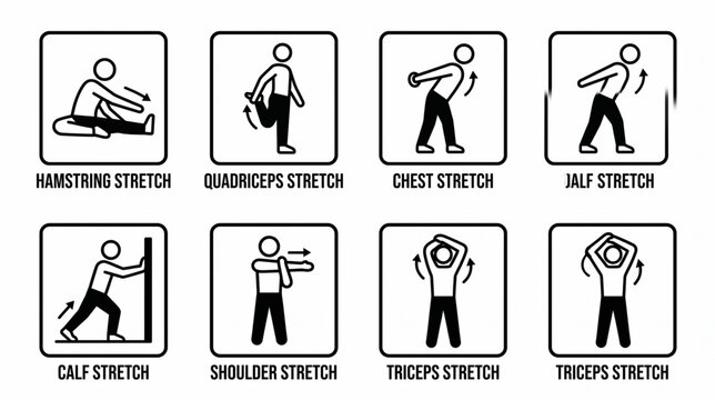 Set of fitness stretching exercise icons featuring male figures performing various warm-up and cool-down routines including hamstring, quad, chest, calf, shoulder, and triceps stretches.