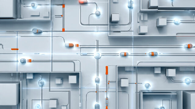 Futuristic abstract digital circuit board with glowing lines and geometric shapes