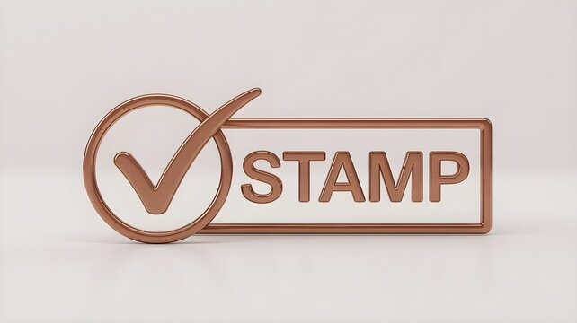 Copper stamp with checkmark on light background for approval or validation