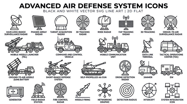 Advanced Air Defense System Icons: Black and White Vector Line Art