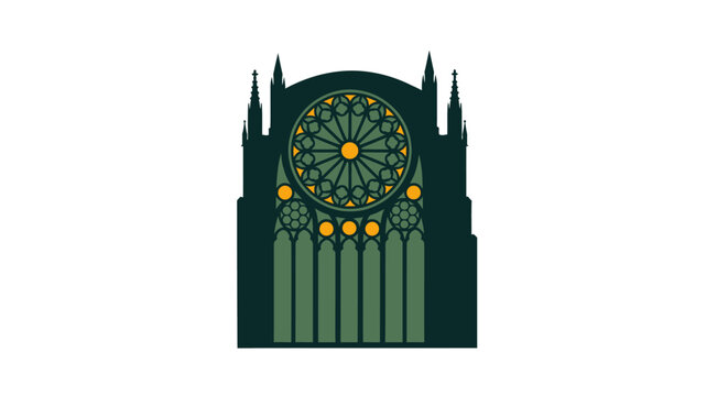 Illustrated Gothic Cathedral with Stained Glass Rose Window.