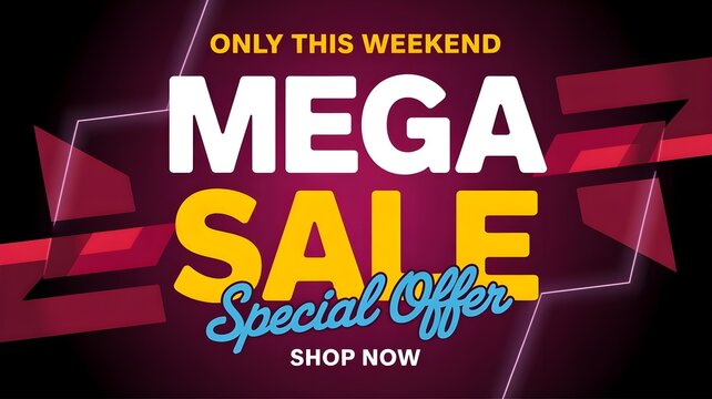 Vibrant mega sale special offer advertisement with colorful text on dark background