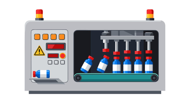 Pharmaceutical manufacturing conveyor belt filling vials with medication, a8