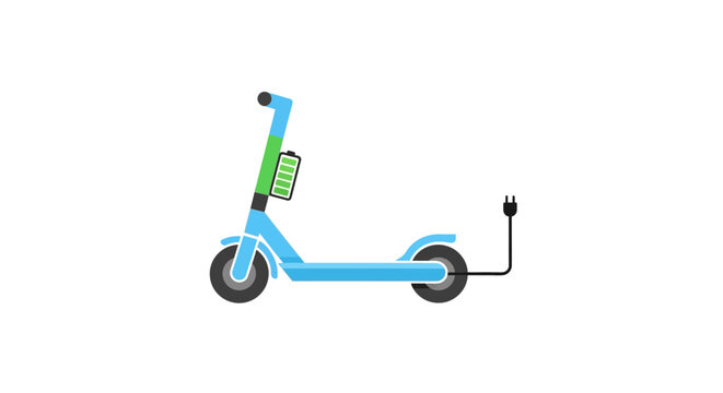 A flat vector illustration of a modern electric scooter with a charging cable attached