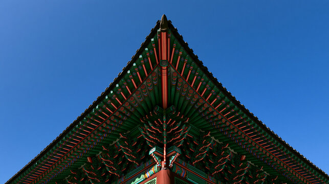 dancheong. Temple roof corner with colorful dancheong paintings against a blue sky. event programs, museum guides, designed for cultural heritage projects and event programs, preserves heritage.