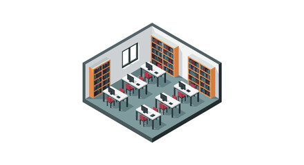 An isometric view of a modern computer laboratory with rows of desks and bookshelves © sedulurmu