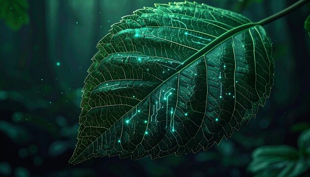 Dark green leaf with glowing cyan circuit traces along veins and bioluminescent particles. Sharp leaf texture, blurred forest background.