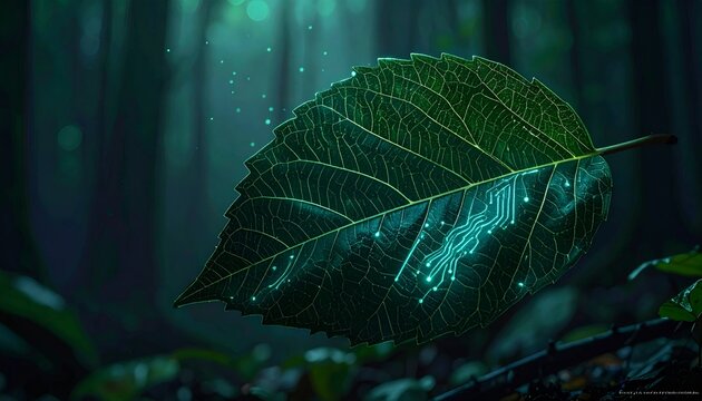 Dark green leaf with glowing cyan circuit traces along veins and bioluminescent particles. Sharp leaf texture, blurred forest background.