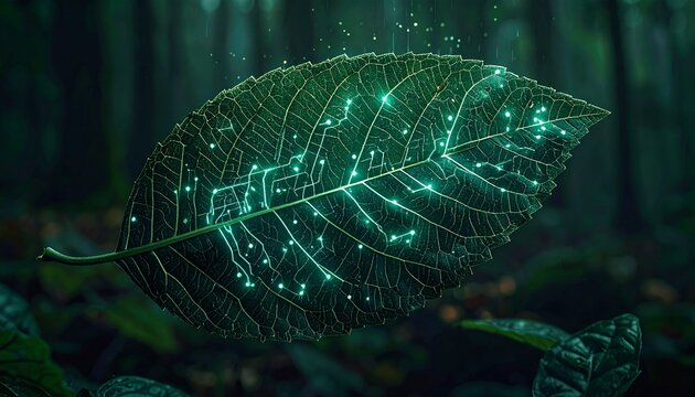 Dark green leaf with glowing cyan circuit traces along veins and bioluminescent particles. Sharp leaf texture, blurred forest background.
