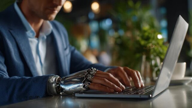 A focused individual with a robotic arm works diligently on a laptop in a contemporary cafe setting, showcasing the integration of technology and human ability.