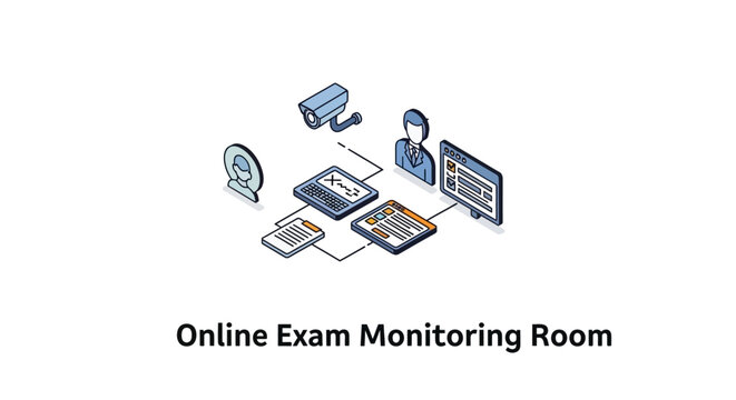 A digital illustration showing remote academic assessment and surveillance technology