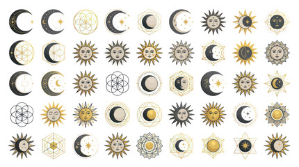 Fototapeta premium Celestial Symbols: Sun, Moon, Stars and Geometric Patterns Collection