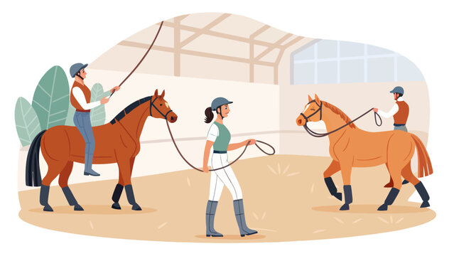 Equestrian training session with instructors working horses in indoor riding arena equestrian training instructor exercise coaching facility equitation practice movement lifestyle sporting