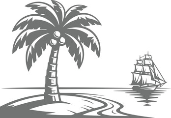 A stylized black and white featuring a tropical palm tree on a sandy beach with a vintage sailing ship on the horizon © Anjuman_42