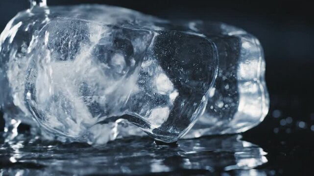 Macro shot of water pouring over a melting, irregularly shaped ice block with visible air bubbles trapped inside, situated on a dark reflective surface with high-detail textures.