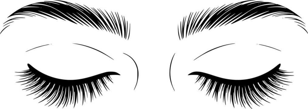 Black and white of closed eyes with long lashes and defined eyebrows eyelashes