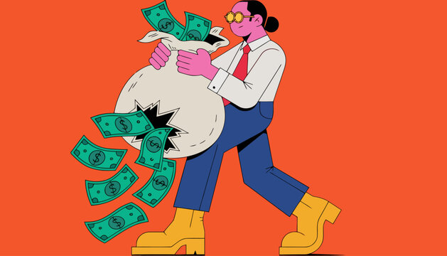 Business person losing money from torn bag financial loss concept with business financial bankruptcy spending investment corporate management unprofitable currency incompetence negligence