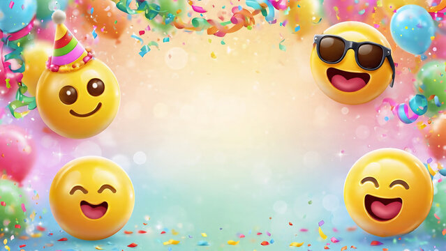 Colorful emoji party background with balloons, gifts, confetti, and copy space, ideal for birthdays, celebrations, and festive designs
