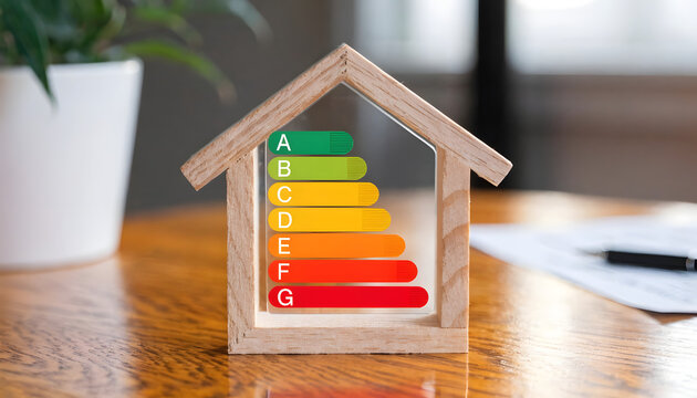 Energy efficiency rating scale from a to g inside a wooden house model on a wooden table
