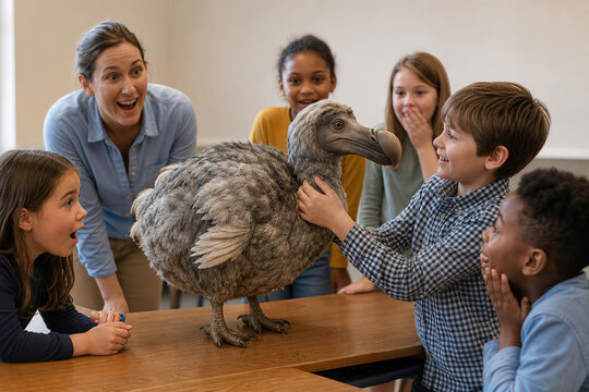 Classroom show-and-tell with a child introducing a dodo bird as an impossible extinct pet.