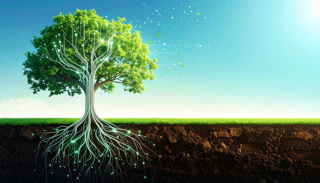 Holographic light tree with fiber optic root cables merging into dark soil gradient. Sky to earth background. Leaves as floating data nodes. Upper right sky copy space.
