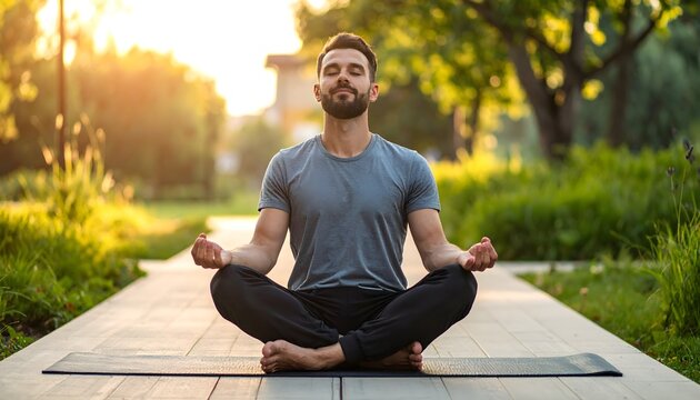 Hombre meditando sentado en postura de loto al aire libre en un jard&iacute;n con luz c&aacute;lida de atardecer
