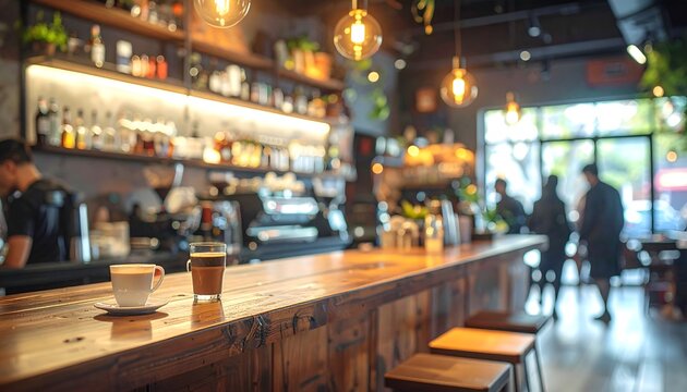 Barra de bar moderna con copa y luz c&aacute;lida en interior desenfocado de restaurante o cafeter&iacute;a