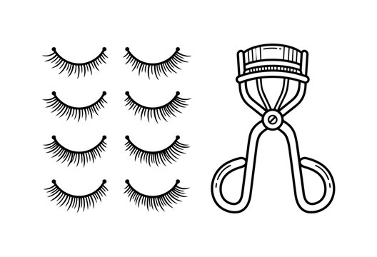 Eyelash Curler and False Lashes Line Art &ndash; Kawaii Beauty Tool Icons
