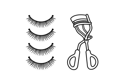 Eyelash Curler and False Lashes Line Art &ndash; Kawaii Beauty Tool Icons
