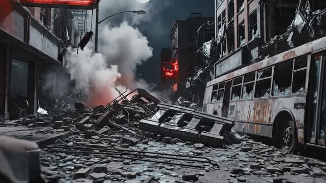 A devastating urban landscape shows the aftermath of a massive conflict scenario where debris and smoke fill the streets near a wrecked passenger bus under the cover of a dark and gloomy night