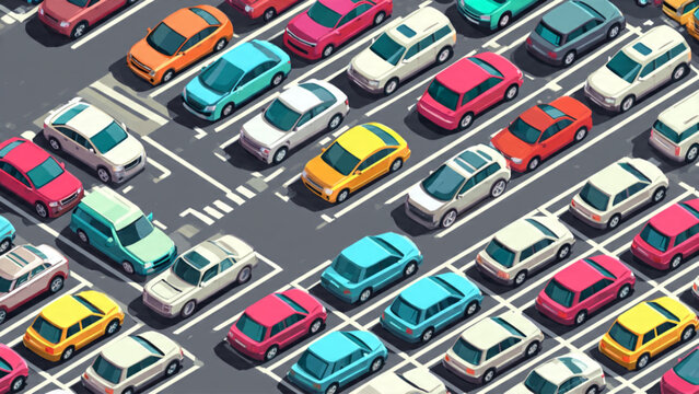 Colorful cars parked in an organized city parking lot with marked lanes and white lines