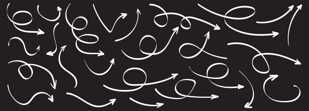 Collection of hand drawn doddle arrow set. Set of brush stroke of curly arrow collection. Sketch curved arrows design.