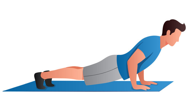 Man Performing Push Up Exercise on Yoga Mat Fitness Training Concept Flat Vector Illustration