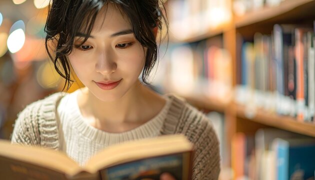 Mujer joven leyendo un libro en una biblioteca con estanter&iacute;as desenfocadas y ambiente tranquilo