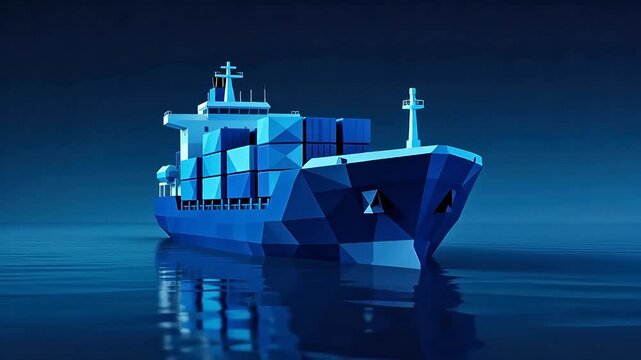 Low poly style cargo ship on water