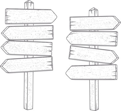 Two wooden signposts with multiple directional arrows, hand-drawn style