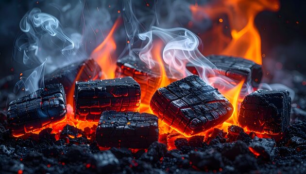 Brasas encendidas con carb&oacute;n ardiente y humo sobre fondo oscuro en una escena de fuego intenso