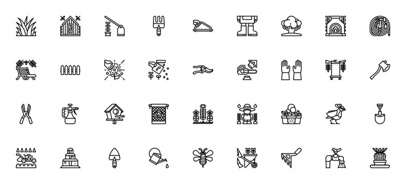 Garden tools icon set. Vector icon pack. Minimalist icons. Includes symbols for grass, plants, tree, shovel, gloves, wheelbarrow, hose, seeds and more. Editable vector stroke.