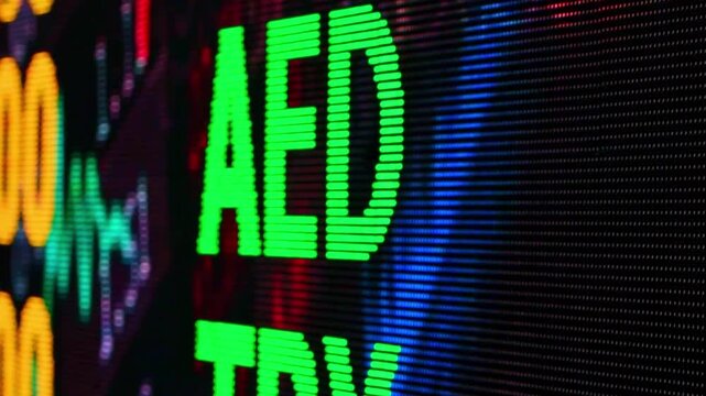 Panning video of digital stock market ticker board displaying AED and currency exchange rates