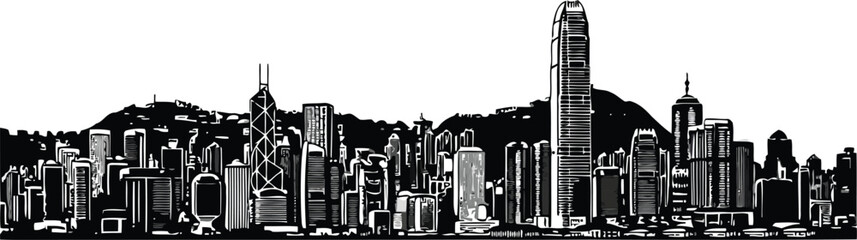 Black and White City Skyline Silhouette with High-Rise Buildings and Urban Panorama © SAIF820