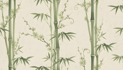 Obraz premium Seamless Japanese Bamboo and Blossom Pattern - Elegant Botanical Art