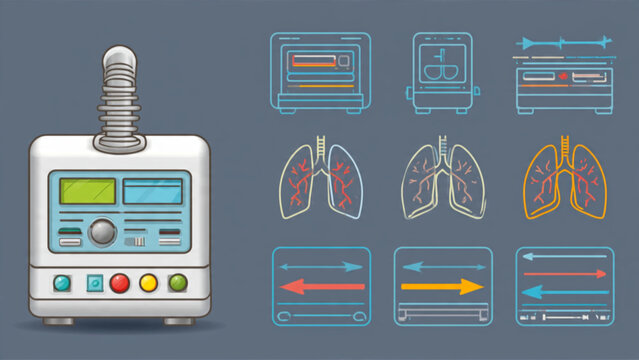 Medical Ventilator Device and Lung Charts with Colorful Respiratory Illustrations