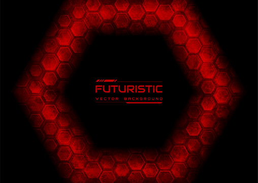 Abstract dark futuristic tech background with red glowing hexagonal honeycomb pattern. Geometric sci-fi or cyberpunk vector design
