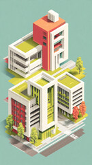 Fototapeta premium Modern colorful office buildings with innovative architecture and lush landscaping