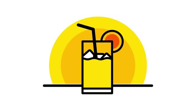 A vibrant stylized juice glass with a drinking straw placed in front of a large yellow sun, evoking a tropical summer vacation vibe