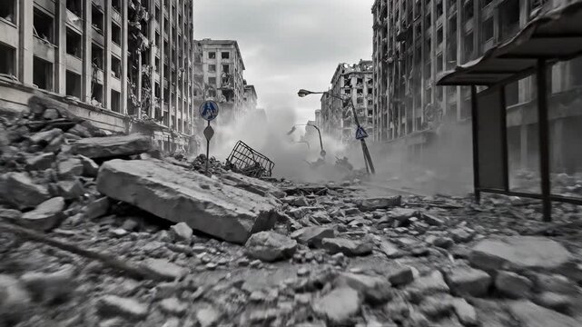 Dense clouds of grey smoke rise from the pulverized rubble of a decimated city street after a severe explosive attack that has left the surrounding residential buildings in a charred condition