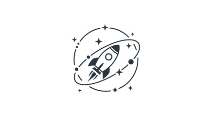 A minimalist line art illustration of a rocket ship traveling through outer space © Zahra