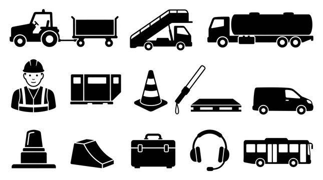Airport Ground Support Equipment and Vehicles Solid Glyph Icons Set - Aviation Logistics  Travel
