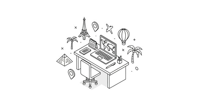 An isometric illustration of a desk with travel planning icons and a laptop computer
