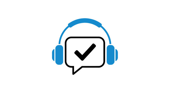 A blue headset icon combined with a speech bubble and a check mark symbol
